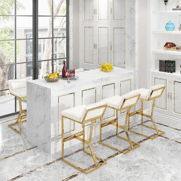 Everly Quinn White Genuine Leather Bar Stool & Counter Stool Gold Legs